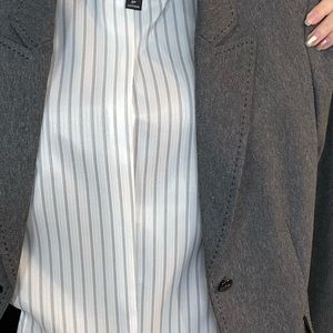 Tahari gray suit, black lace accents